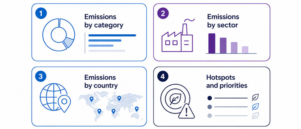 Scope 3 emissions analysis by category, sector and country to identify hotspots and priorities